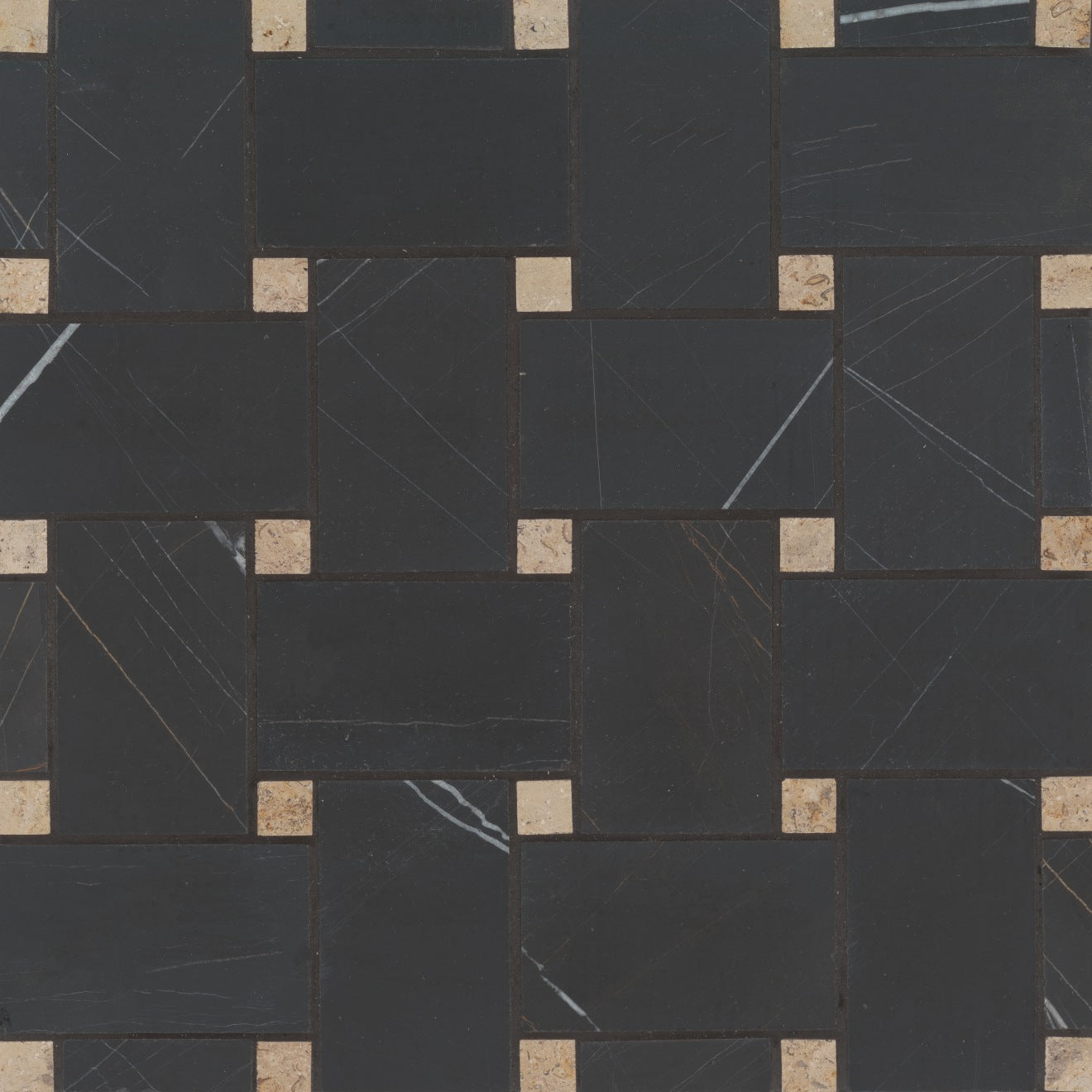 Bedrosians Marble 11.22" x 11.22" Jumbo Basket Weave Mosaics Honed Sahara Noir w/ Beige Dot-