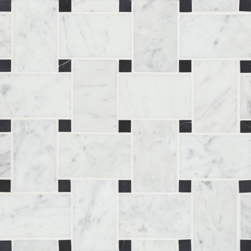 Bedrosians Marble 11.22" x 11.22" Jumbo Basket Weave Mosaics Honed White Carrara / Absolute Black Dot