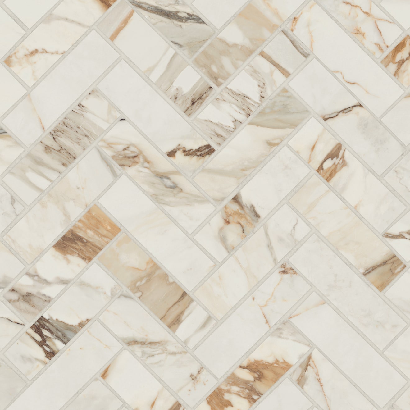 Bedrosians Magnifica Era Luxury 1" x 4" Herringbone Mosaic 12" x 12"  Calacatta Borghini
